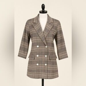 Hey You – Women’s Double-Breasted Plaid Blazer, Size XS, Brown/Orange, Lined